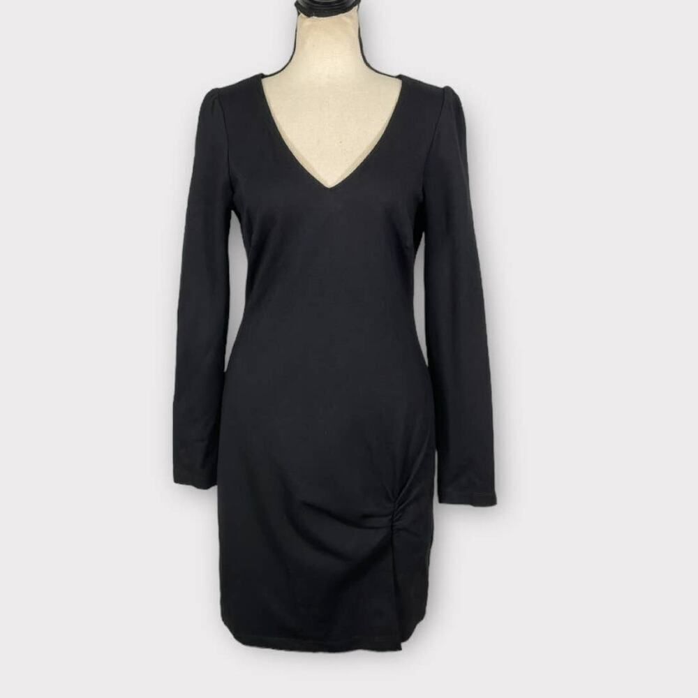 Leith V-Neck Ruched Side Mini Dress Women's Medium Black Long Sleeve NWOT